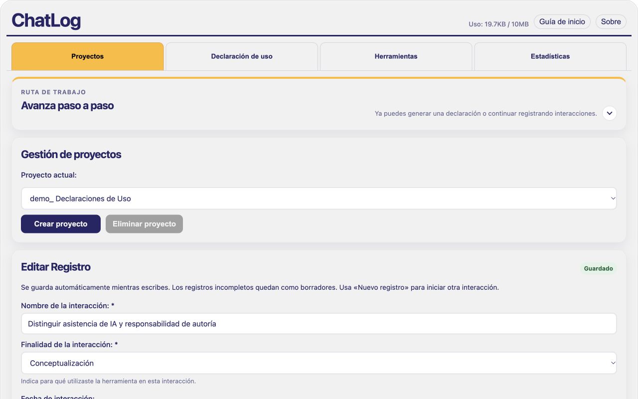 ChatLog V2: sección Proyectos con datos de ejemplo